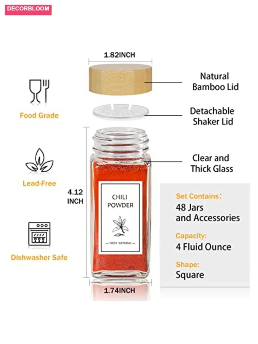 48 Pcs 4 oz Glass Spice Jars with Bamboo Lids Shaker Lids Labels